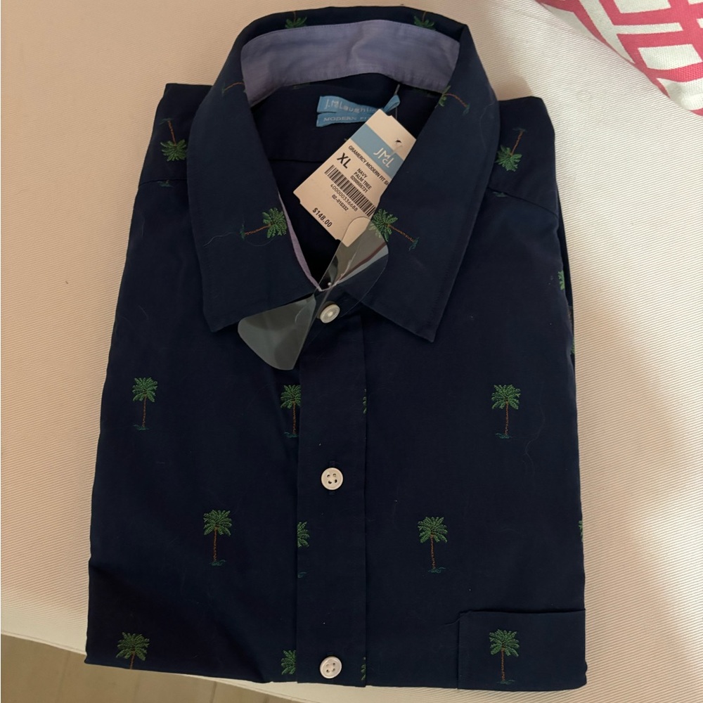 brand new with tags J.Mcluaghlin shirt modern fit navy with palm trees